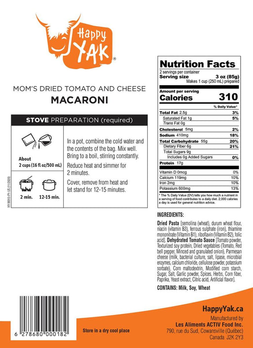 Happy Yak Mom's Dried Tomato and Cheese Macaroni (Vegetarian) - NORTH RIVER OUTDOORS