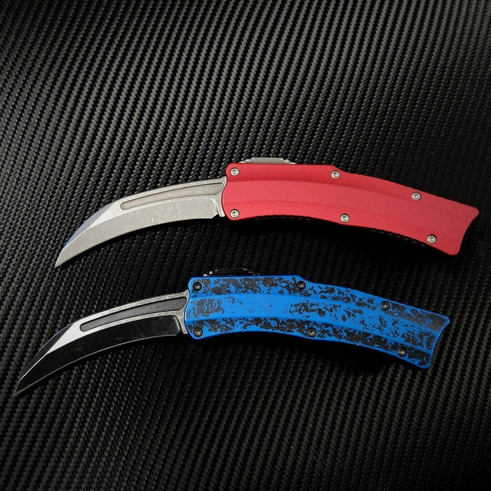 Heretic Roc Hawkbill Auto Knife 3.2" MagnaCut Stonewash Red Handles from NORTH RIVER OUTDOORS