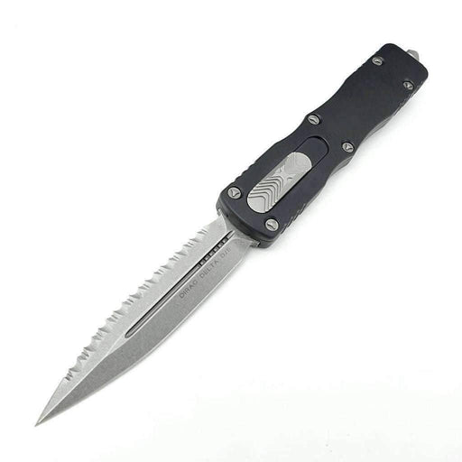 Microtech 227-12 Dirac Delta D/E - Black Handle - Stonewashed Full Serration from NORTH RIVER OUTDOORS