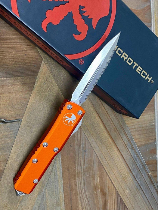 Microtech 232-12 OR UTX-85 D/E Orange Handle Full Serrated Blade (USA) from NORTH RIVER OUTDOORS