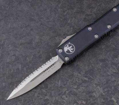 Microtech 232-6 UTX-85 D/E Black Handle Serration Satin Blade from NORTH RIVER OUTDOORS