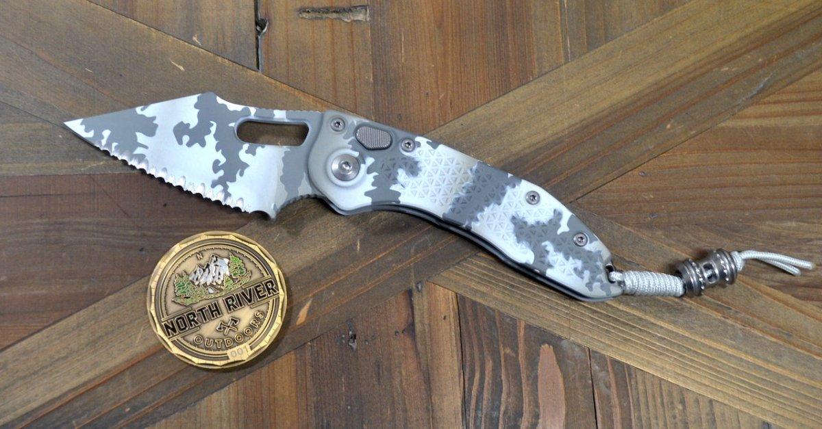 Microtech Stitch 169-3ACS Auto Arctic Camo Signature Series Fully Serrated from NORTH RIVER OUTDOORS