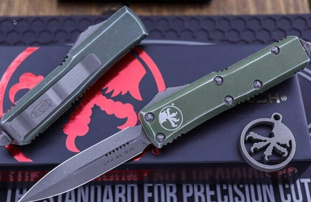 Microtech UTX-85 232-10 DOD Distressed OD Green OTF D/E 3" Dagger Stonewash from NORTH RIVER OUTDOORS