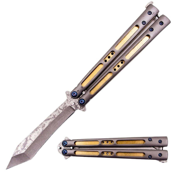 Real Damascus Butterfly Knife with Brass Lining (Balisong) from NORTH RIVER OUTDOORS
