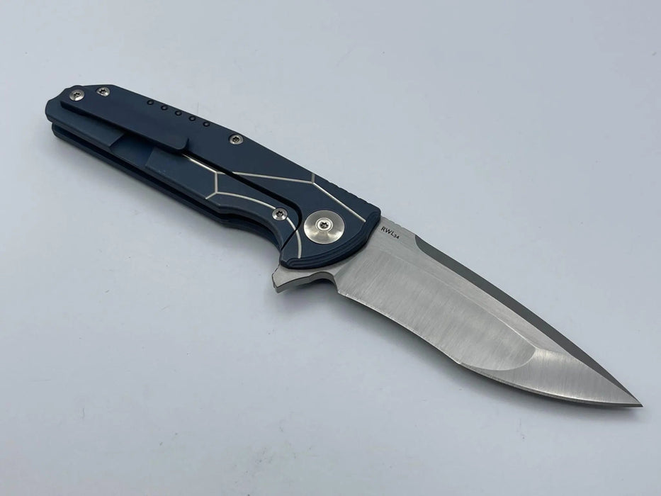 Reate K-4 Flipper 3.75" Damasteel RWL-34 Compound Tanto Blade Blue Titanium Handles Carbon Fiber Inlays from NORTH RIVER OUTDOORS