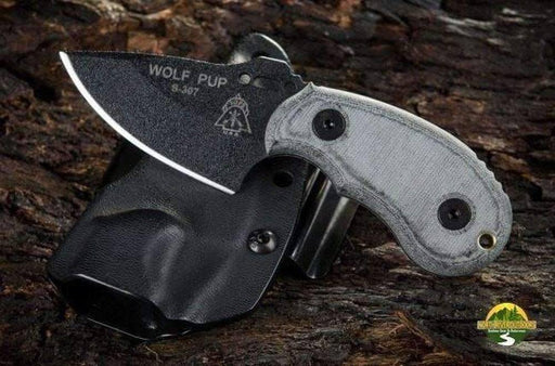 TOPS Wolf Pup Black 1095 Carbon Blade Linen Micarta Handles from NORTH RIVER OUTDOORS